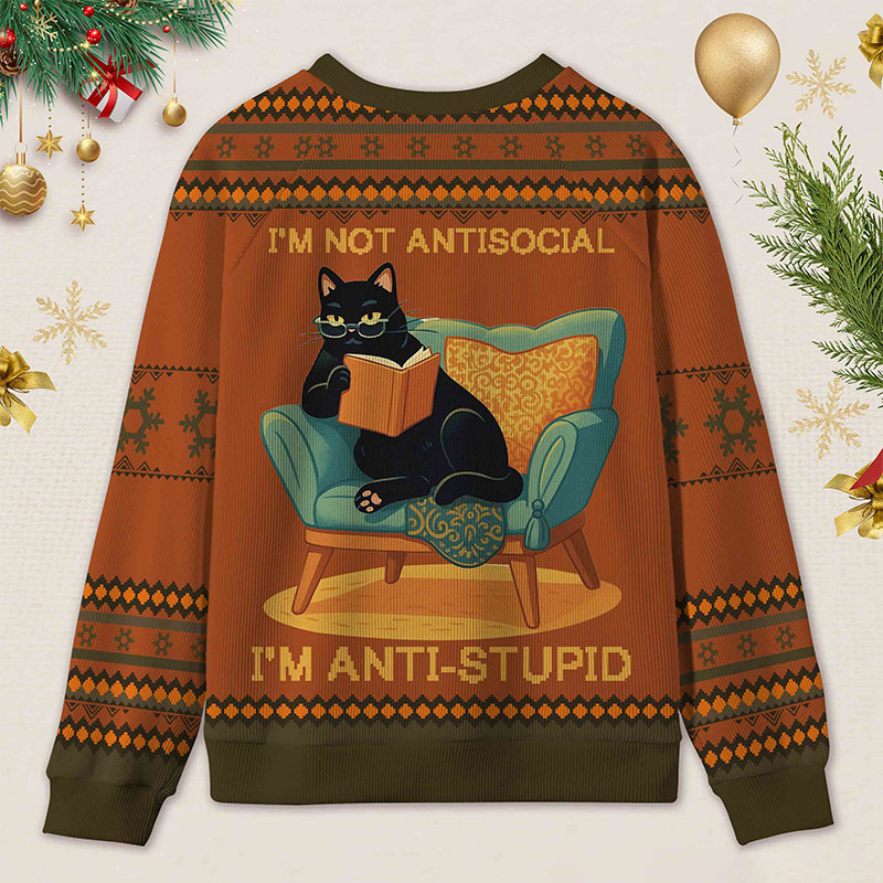 Personalized Wise Bookish Cat Reading Ugly Sweater Holiday Gift for Book Lovers