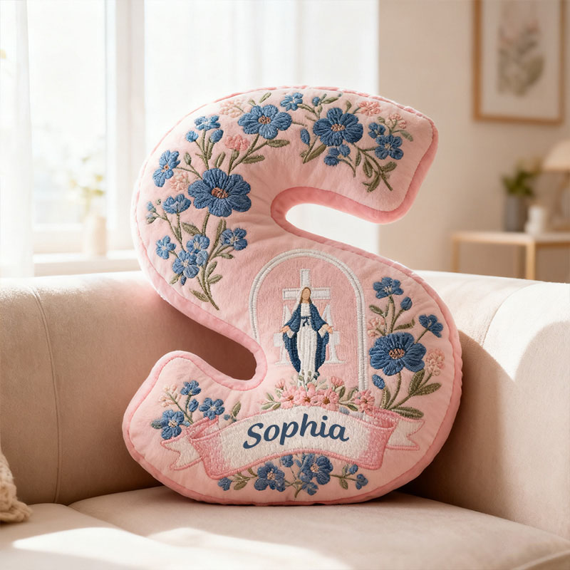 Personalized Virgin Mary Letter Pillow with Custom Name Home Decor Religious Gift Catholic Gift for Her Cross and Marian Graphic 3D Print Pillow