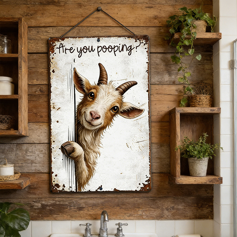Are You Pooping Goat Sign, Funny Farm Animal Decor, Peeking Goat Rustic Metal Sign, Farmhouse Bathroom Humor Wall Art