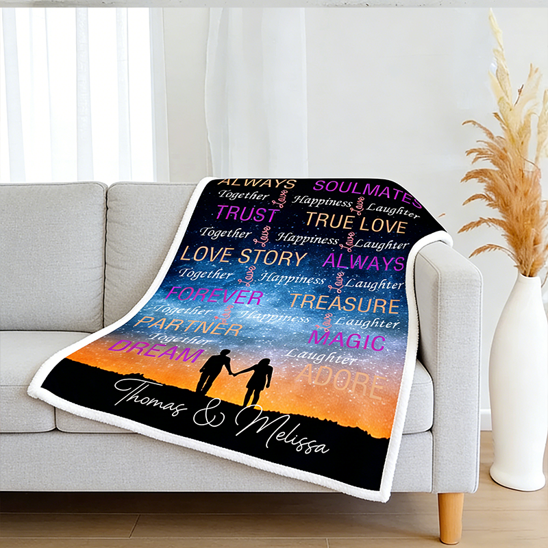 Personalized Couple Starry Sky Silhouette Blanket Valentine's Day Gift for Couple Cloud Word Blanket Love Story Blanket For Her