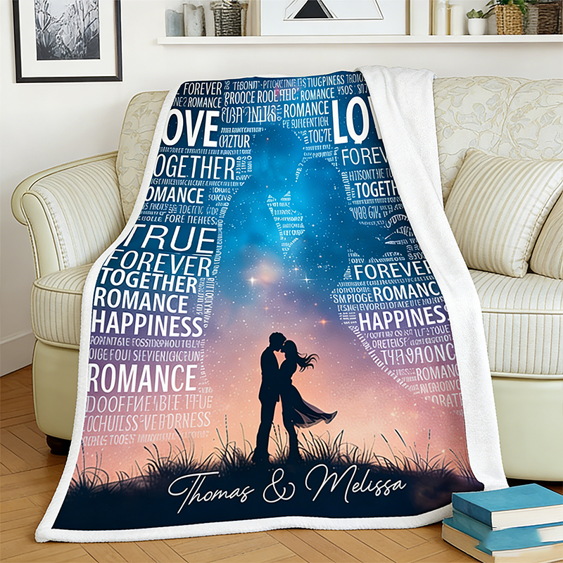 Personalized Couple Cloud Word Starry Sky Silhouette Blanket Valentine's Day Gift for Couple Cloud Word Blanket Love Story Blanket For Her
