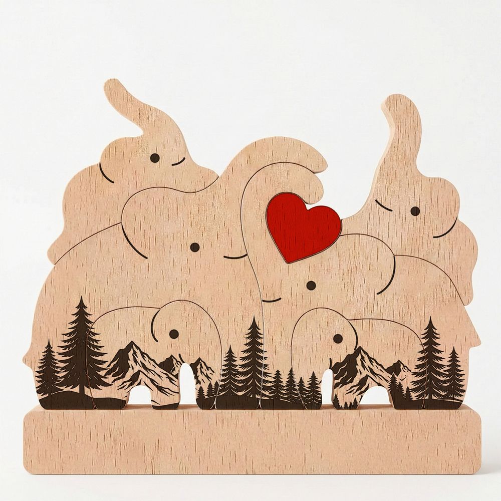Personalized Custom Engraved Family Name Gift Home Decor Anniversary Present Love Keepsake Elephant Family Wooden Puzzle
