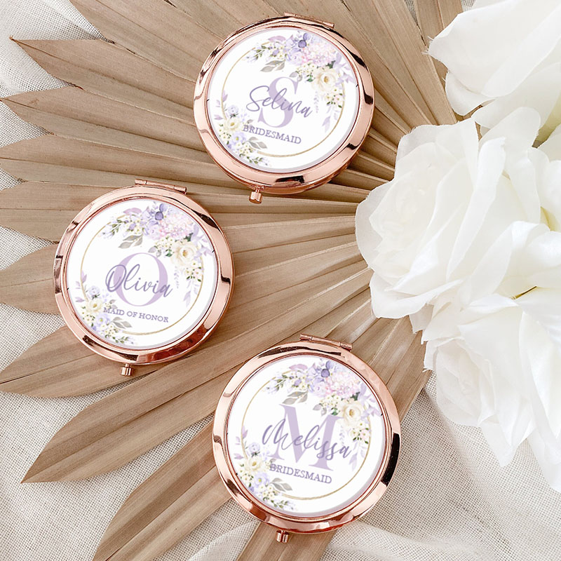 Personalized Bridesmaid Floral Wreath Mirror Custom Bride Name Compact Mirror Bachelorette Party Mirror Bridal Shower Gift for Her