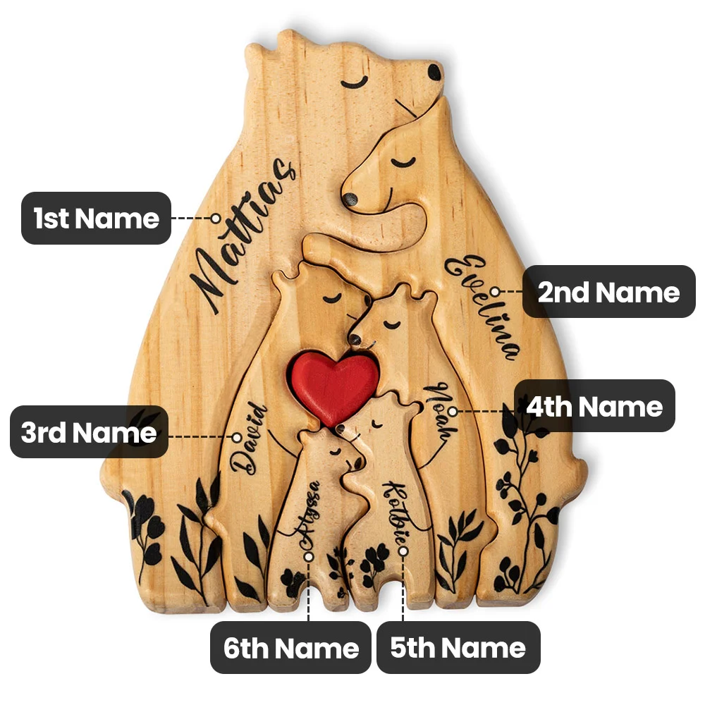 Personalized Wooden Bear Family Puzzle with 2-6 Names and Red Heart Desk Decoration Birthday Mother's Day Gift for Family