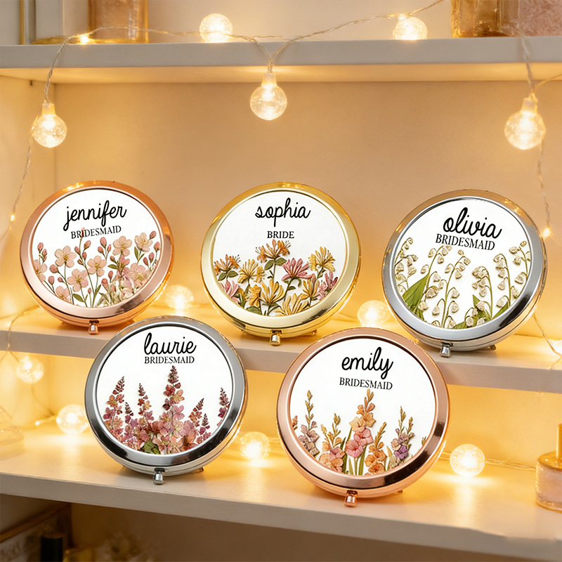 Personalized Bridesmaid Compact Mirror Dried Pressed Birth Floral Compact Mirror Custom Bride Name Compact Mirror Bachelorette Party Mirror Bridal Shower Gift for Her
