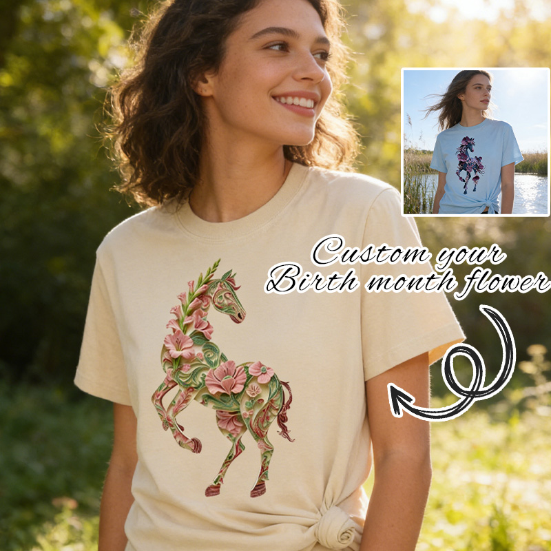 Personalized Birth Month Flower Floral Horse T-Shirt Western Shirt Boho Nature Lover Animal Lover Gift for Equestrain Lovers