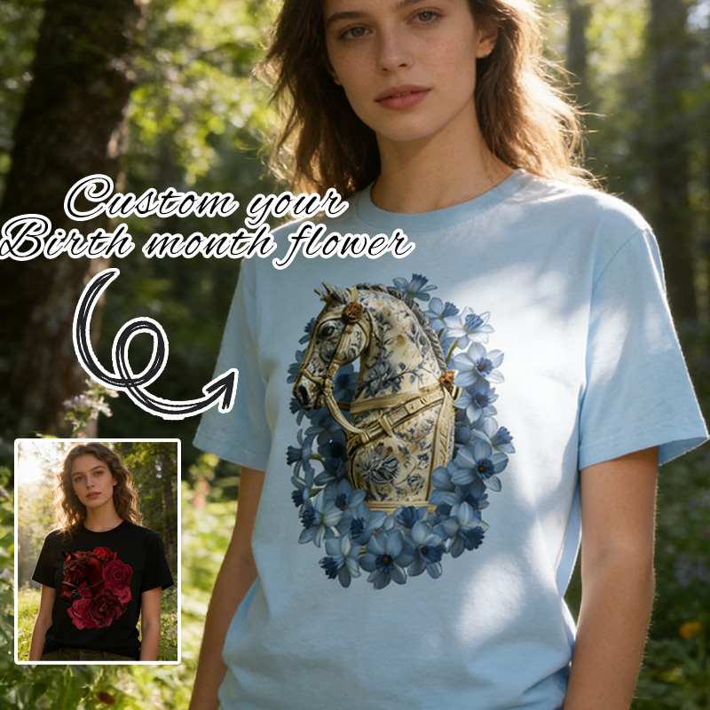 Personalized Birth Month Flower Floral Horse T-Shirt Western Shirt Boho Nature Lover Animal Lover Gift for Equestrain Lovers