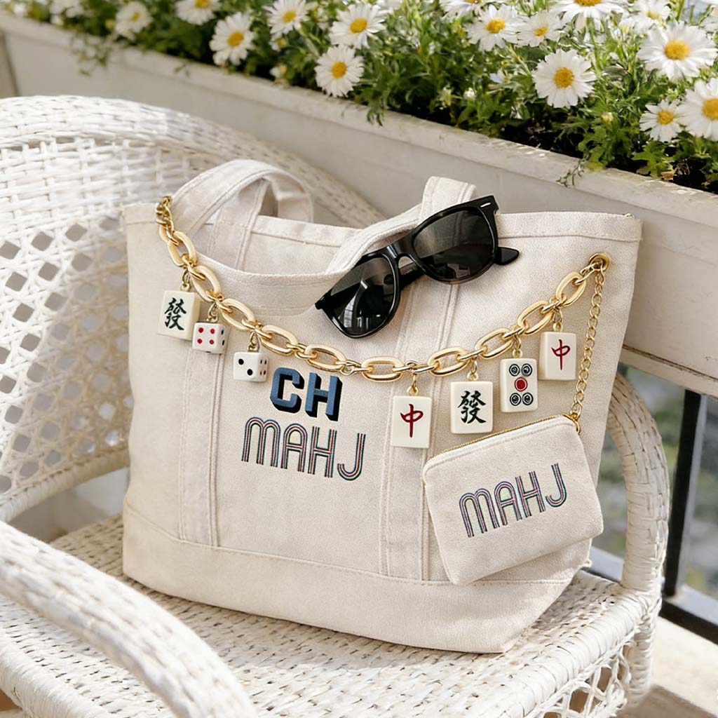 Personalized Embroidered Mahjong Tote Bag Custom Gift Bachelorette Party Bags Teacher Mom Embroidery Needlepoint