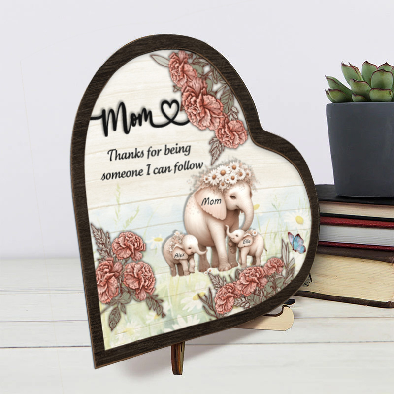 Personalized Thanks For Being Someone I Can Follow Birth Flower Sign Mom Elephant with Little Kids Wooden Plaque Gift for Mom Grandma Mother's Day