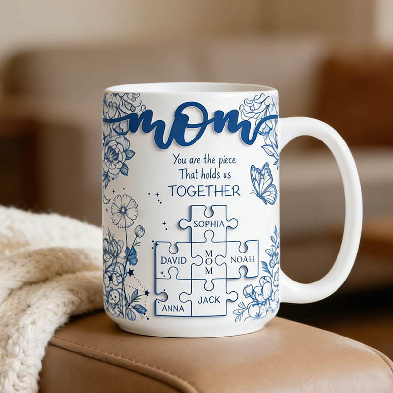 Personalized Mom Puzzle Piece Pottery Mug with Birth Flower You Are The Piece That Hold Us Together Mug Gift For Mom Mother's Day Gift