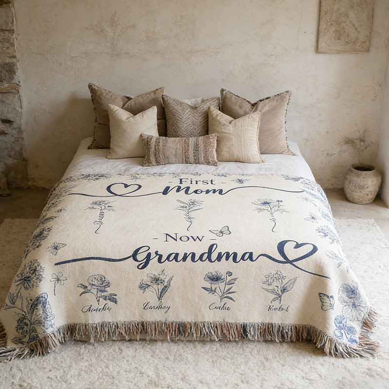 Personalized Grandma Blanket With Birthflower and Grandkids Names Woven Floral Throw Gift For Nana Gigi Mimi Custom Grandmother Mom Birthday Gift Mother's Day Gift