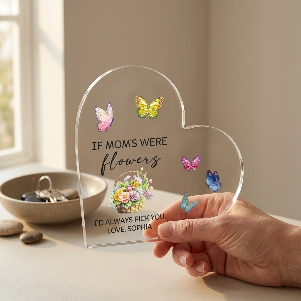 Personalized Heart Acrylic Plaque – ‘If Moms Were Flowers, I’d Pick You’ Mother’s Day Gift