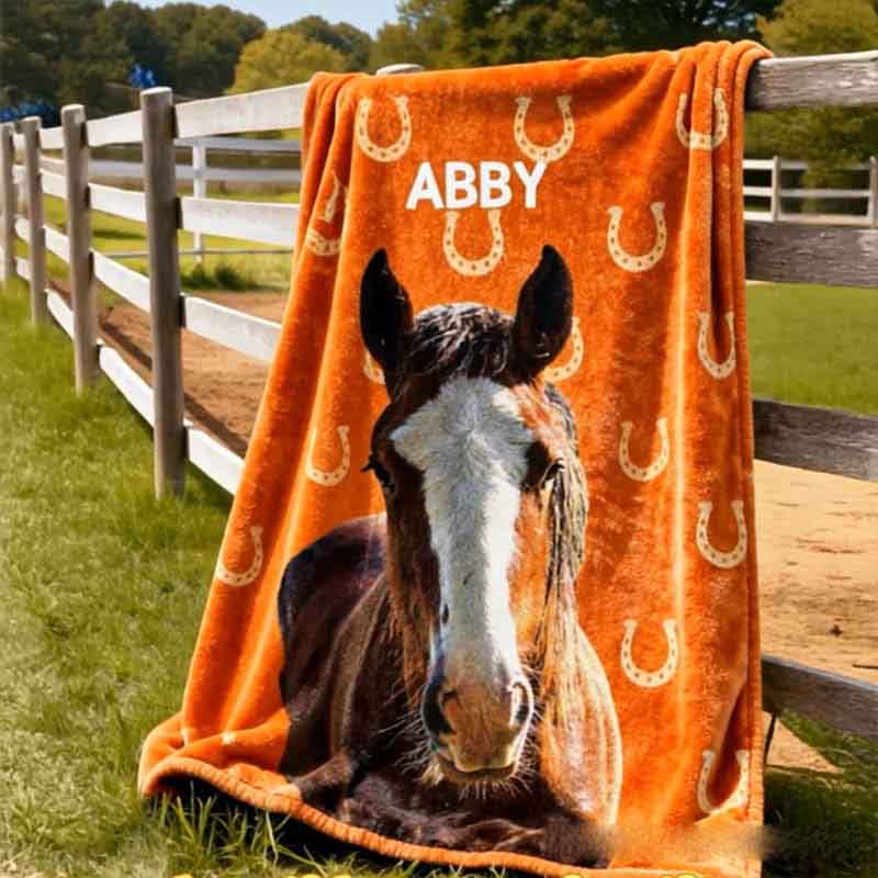 Personalized Horse Lover Painted Horse Photo Horseshoe Print Multicolor Soft Throw Blanket