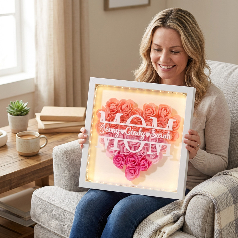 Personalized Mother’s Day Shadow Box – Custom Name Heart Rose Light Frame for Mom