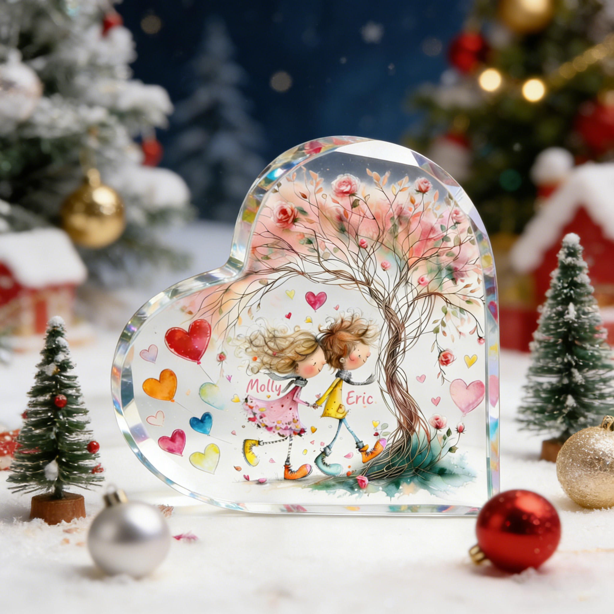 Personalized Cartoon Couple Plauqe Flower Tree Heart Shape Acrylic Plaque with Name Desk Decor Valentine's Day Gift for Couple