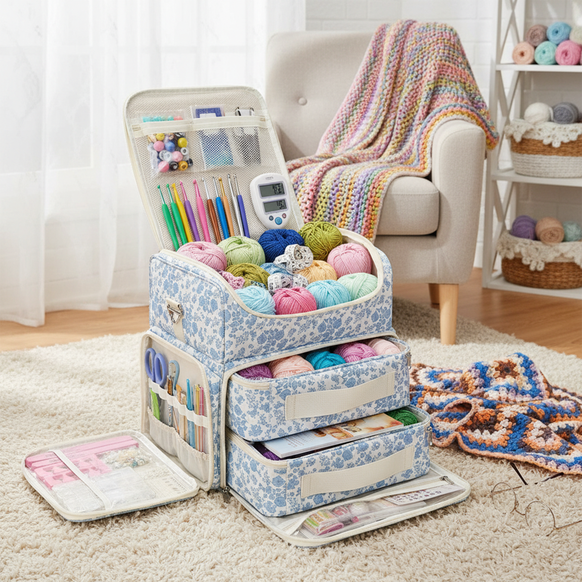 Personalized Large Capacity Floral Crochet & Knitting Bag with Multiple Compartments - Portable Yarn Storage Organizer for Craft Supplies