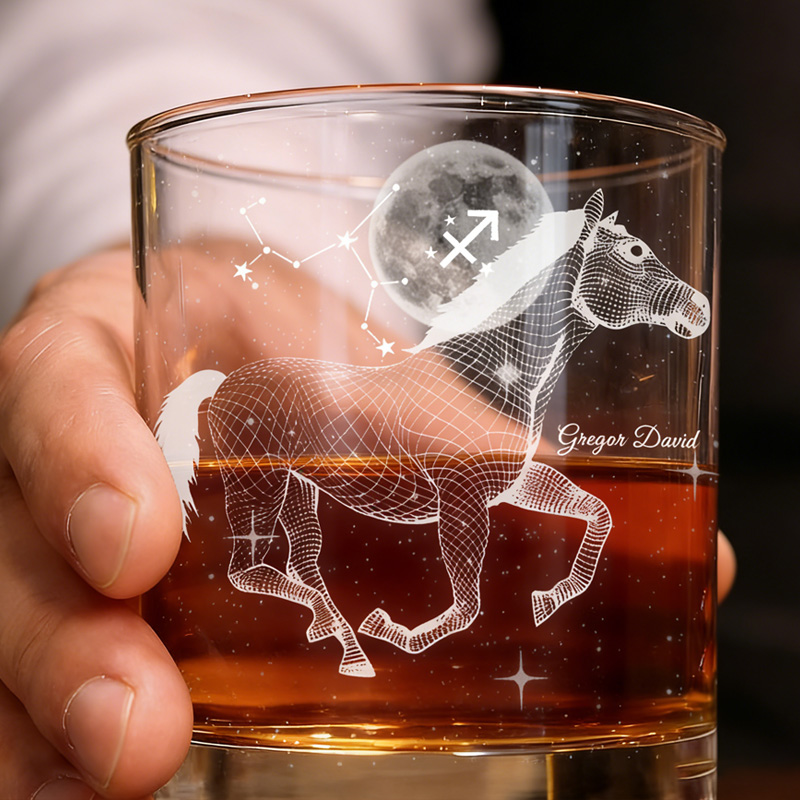 Personalized Name Zodiac and Horse Glasses Cup Whiskey Wine Beer Glassware Gift for Equestrain Lovers