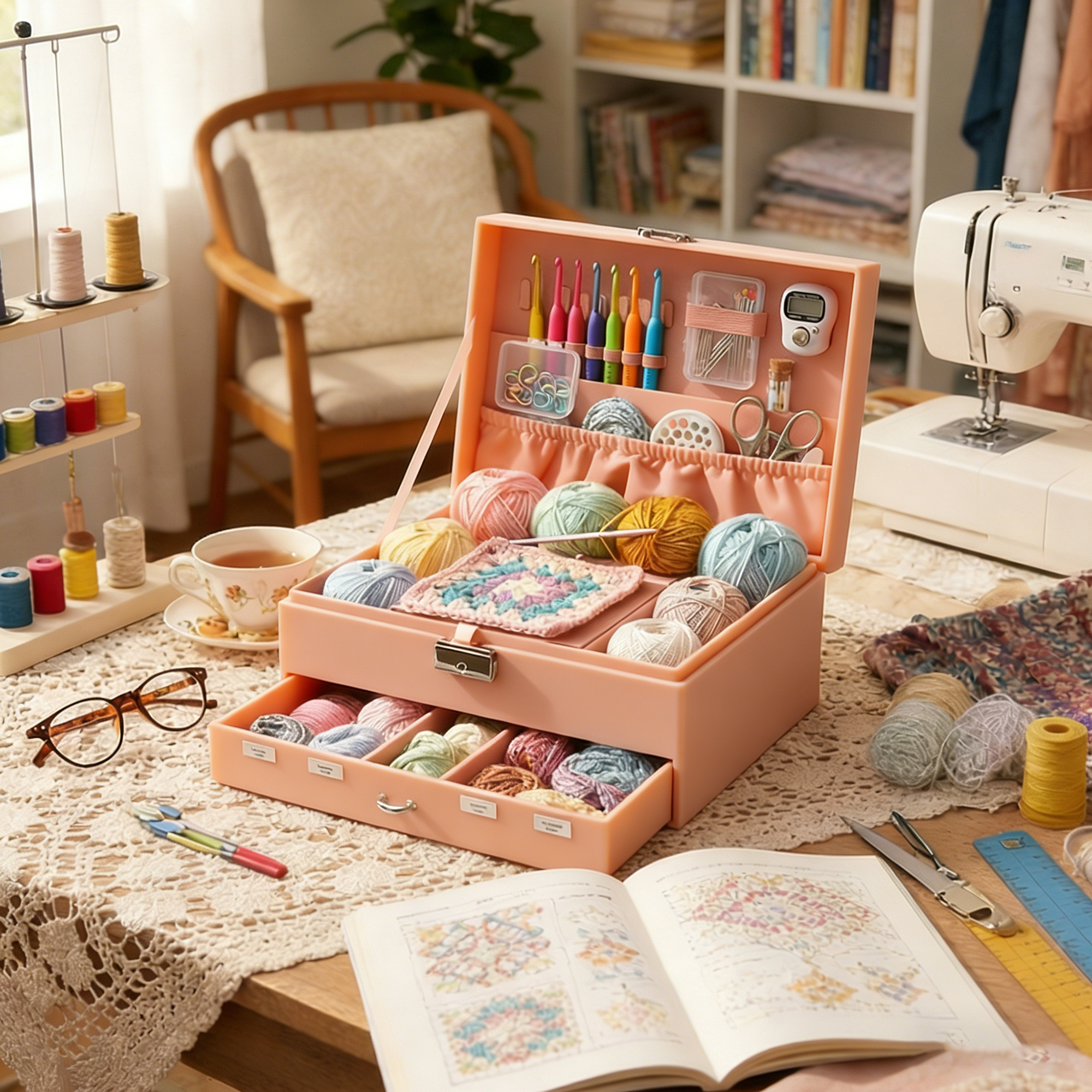 Personalized Multi-Layer Fabric Crochet & Knitting Organizer Box – Portable Craft Storage for Yarn, Hooks and Accessories