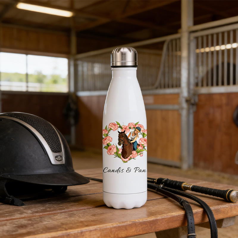 Personalized Birth Flower Heart Photo Custom Jumping Horse Insulated Bottle Pony Owners Thermal Flask Water Bottle for Equestrain Lovers