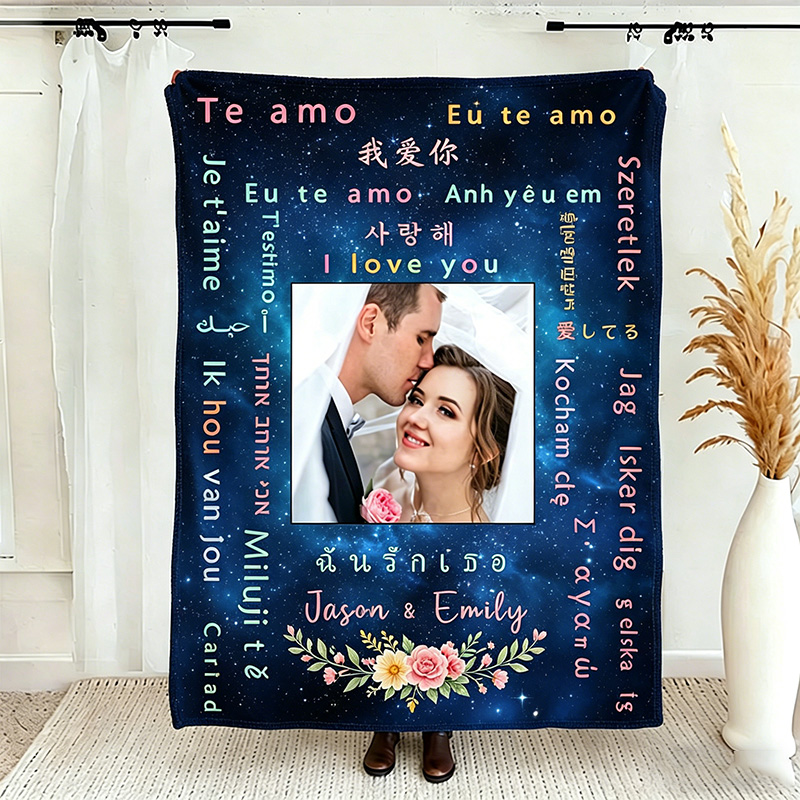 Personalized Love in Different Language Couple Blanket with Names Couple Anniversary Gift Wedding Gift for Newlyweds