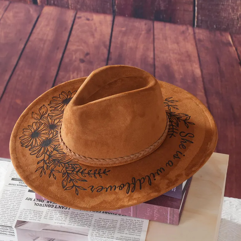 Personalized Vegan Suede Burned Hat Birth Month Floral Western Style Cowboy Cowgirl Hats She is a Wildflower Fedora Hat Wide Brim Hat Gifts for Equestrain Lovers