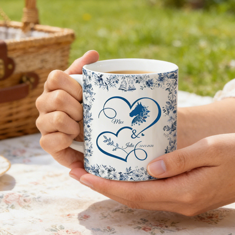 Personalized Toile De Jouy Mug Heart Birth Flower with Your Horse Ceramic Cup Gift for Horse Riding Equestrian Lovers