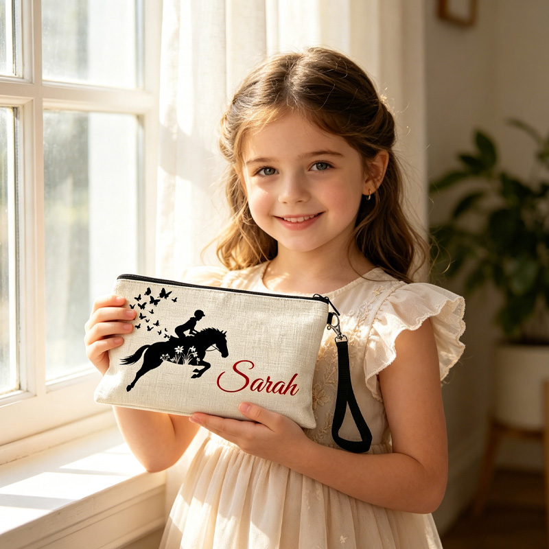 Personalized Floral Horse Birth Month Flower Linen Zipper Pouch Horseback Riding Farm Gift for Girls Equestrain Lovers
