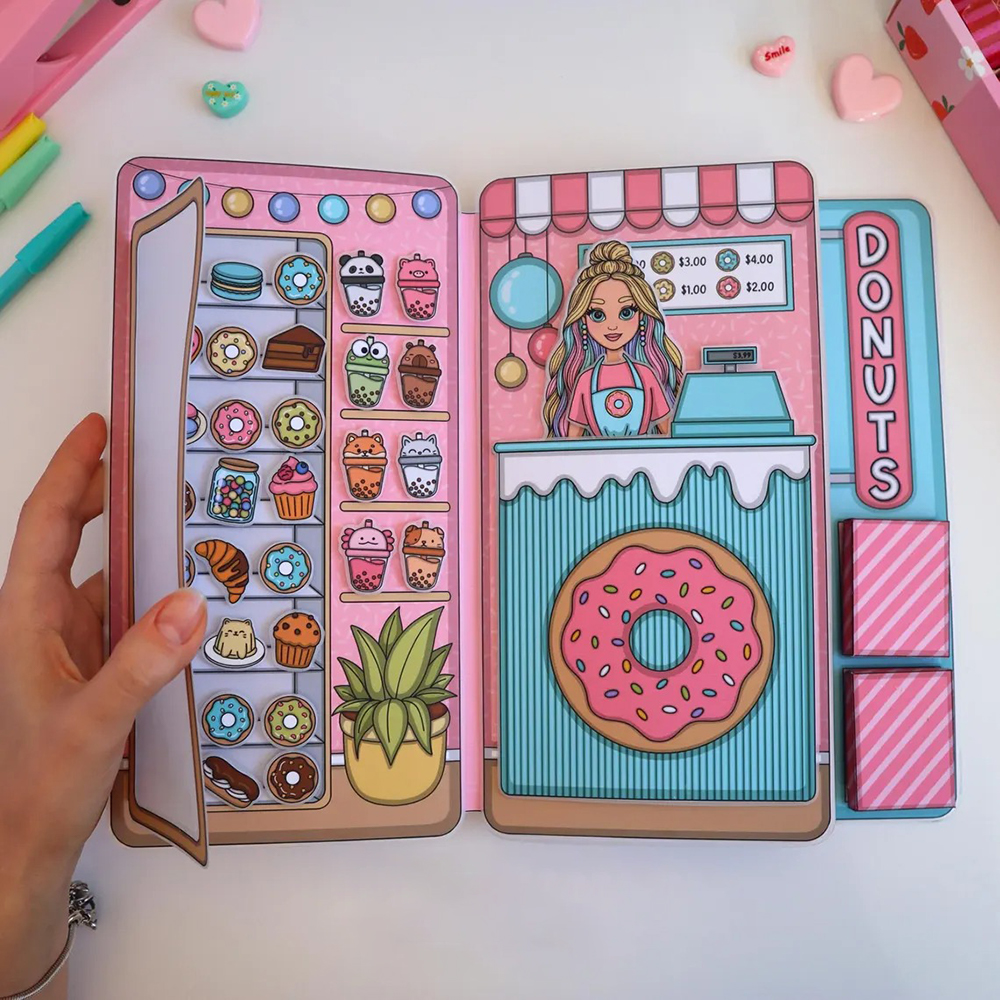  Donut Shop Paper Play Set Pretend Play for Kids Creative Paper Doll Craft Activity Reusable Donut Shop Toy for Imaginative Play and Learning Gift 
