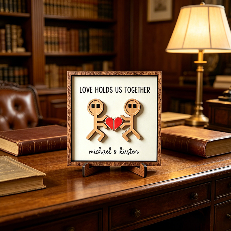 Personalized Funny Cartoon Couple Wooden Sign Gift Valentine's Day Gift for Couple Love Holds Us Together Wood Sign with Couple Name