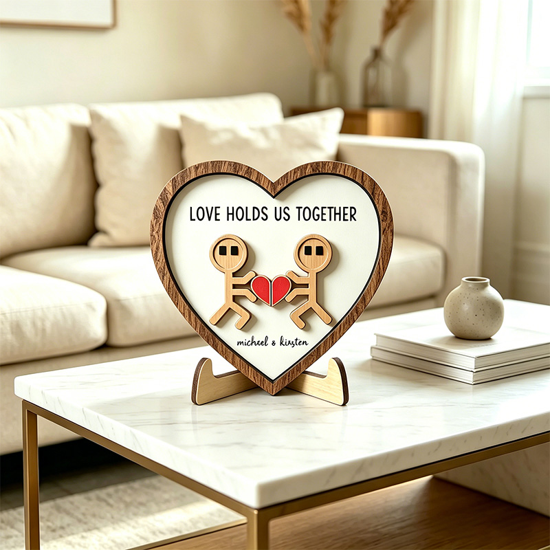 Personalized Funny Cartoon Couple Wooden Sign Gift Heart Shape Wooden Love Holds Us Together Sign with Couple Name Gift Plaque