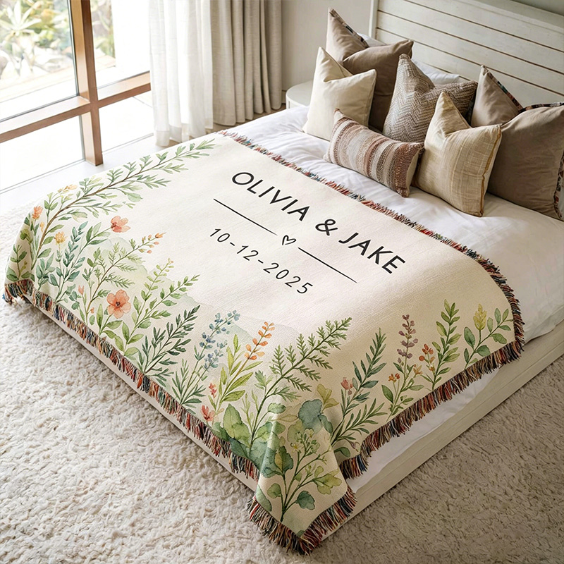Personalized Couple Blanket with Names Garden Theme Blanket Custom Wedding Blanket for Newlyweds Valentine's Day Gift for Couple