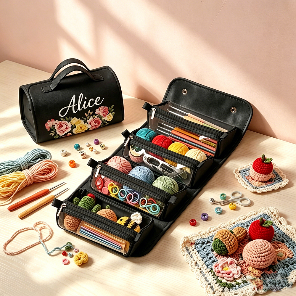 Personalized Crochet Storage Bag Custom Name Birth Flower Yarn Organizer Portable Knitting Tool Bag Travel Craft Storage for Handmade Lovers