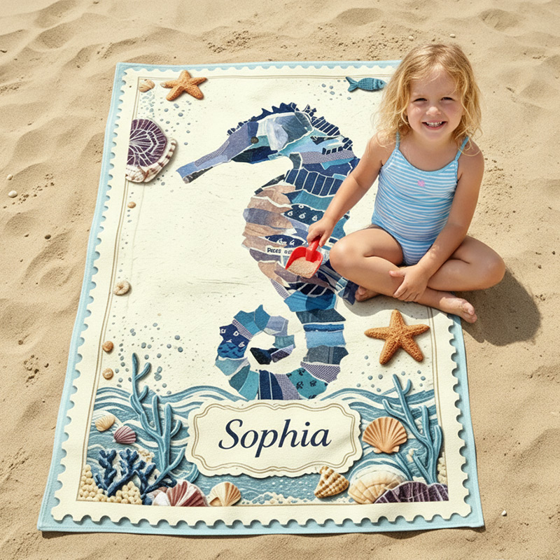 Personalized  Beach Towel  Coastal Patchwork Collage Design Custom Name Kids Towel for Summer Vacation Ocean Theme Gift