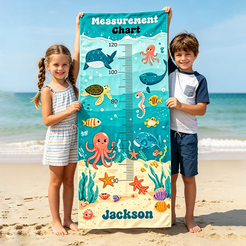 Personalized Kids Growth Chart Beach Towel  Under‑the‑Sea Height Measurement Design  Custom Name Summer Gift for Children