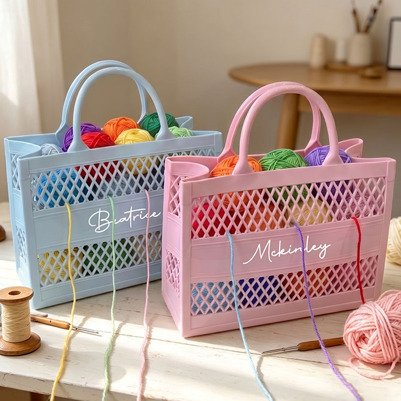 Personalized Hollow Crochet & Yarn Storage Bag Portable Handle Large Capacity Waterproof Solid Color PVC Tote Handbag Craft Yarn Sewing Organizer Basket