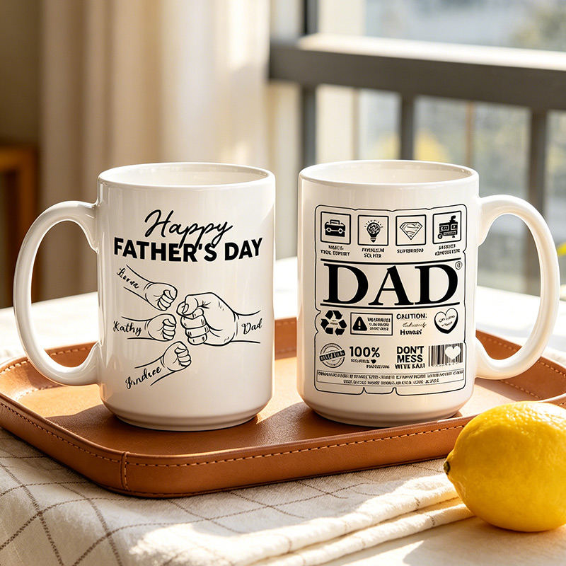 Personalized Happy Father's Day 11 oz 15 oz Ceramic Mug with 1-6 Names Custom Dad Mug Father's Day Gifts for Dad Grandpa