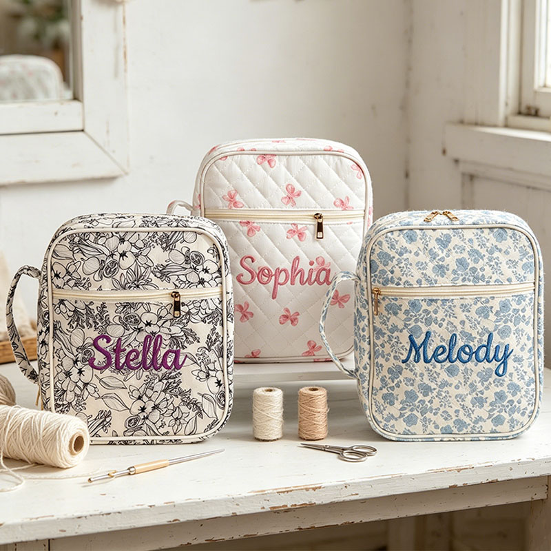 Pedsonalized Crochet Tool Storage Bag with Embroidery Name Quilted Floral Knitting Bag Needle Storage Bag Sewing Project Organizer Gift for knitter
