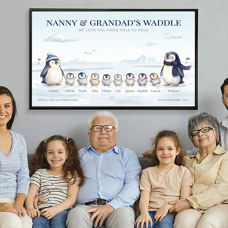 Personalized Penguin Family Poster Frameless Framed Painting with 2-10 Names Home Decor Birthday Mother's Day Father's Day Gift for Mom Dad