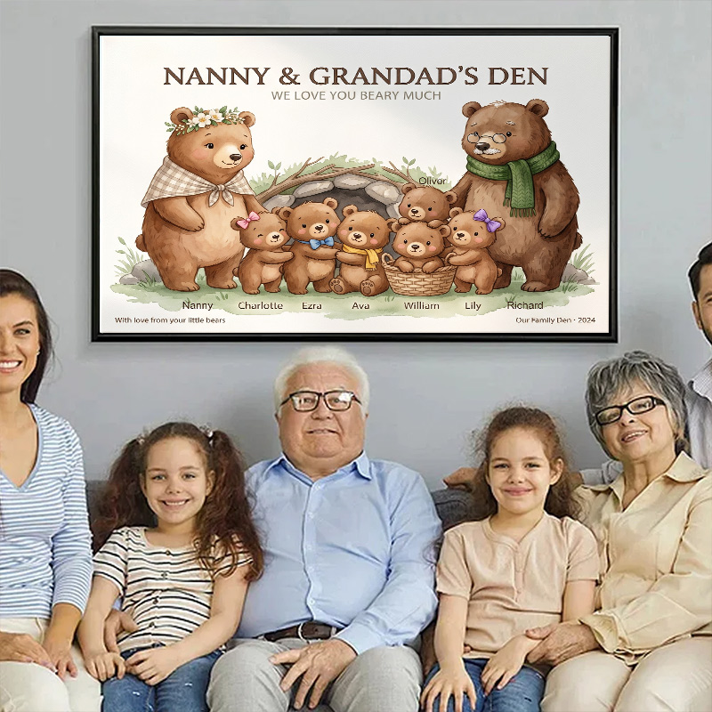 Personalized Bear Family Poster Frameless Framed Painting with 1-9 Kids Names Home Decor Birthday Mother's Day Father's Day Gift for Mom Dad