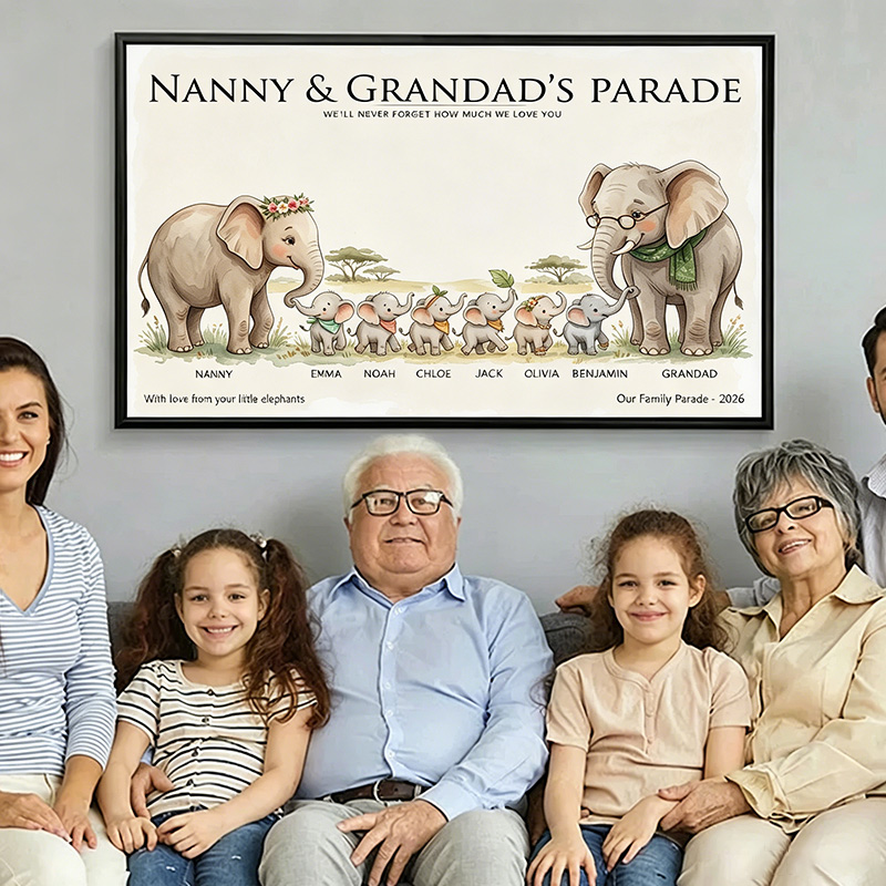 Personalized Elephant Family Poster Frameless Framed Painting with 1-9 Kids Names Home Decor Birthday Father's Day Gift for Papa