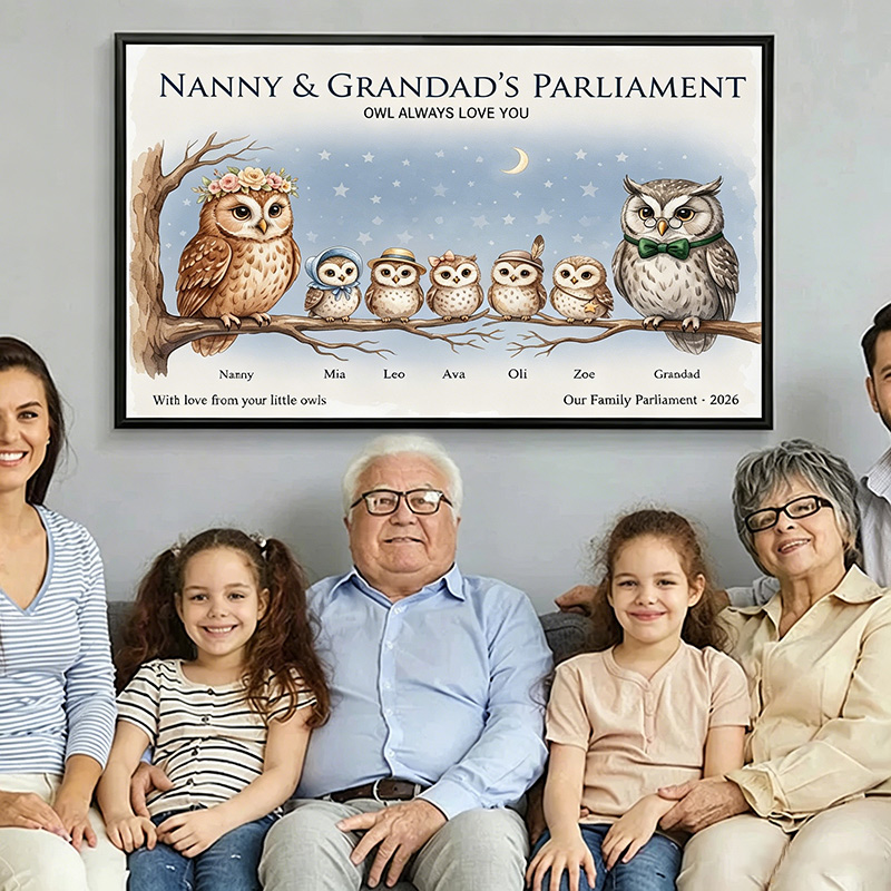 Personalized Owl Family Poster Frameless Framed Painting with 1-9 Kids Names Home Decor Birthday Father's Day Gift for Papa