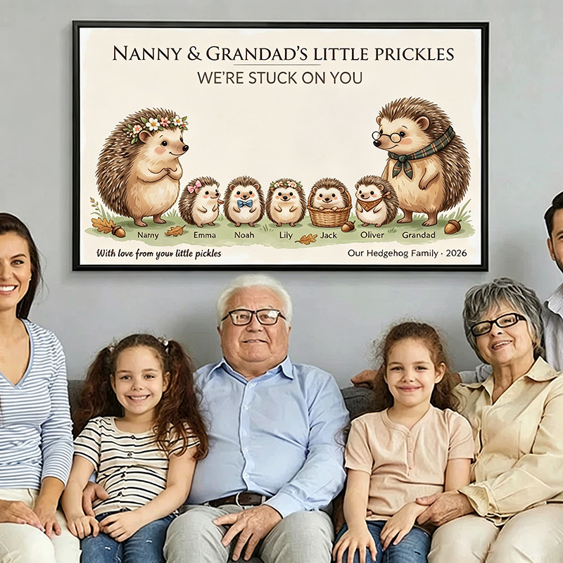 Personalized Hedgehog Family Poster Frameless Framed Painting with 1-9 Kids Names Home Decor Birthday Father's Day Gift for Papa Family Gift