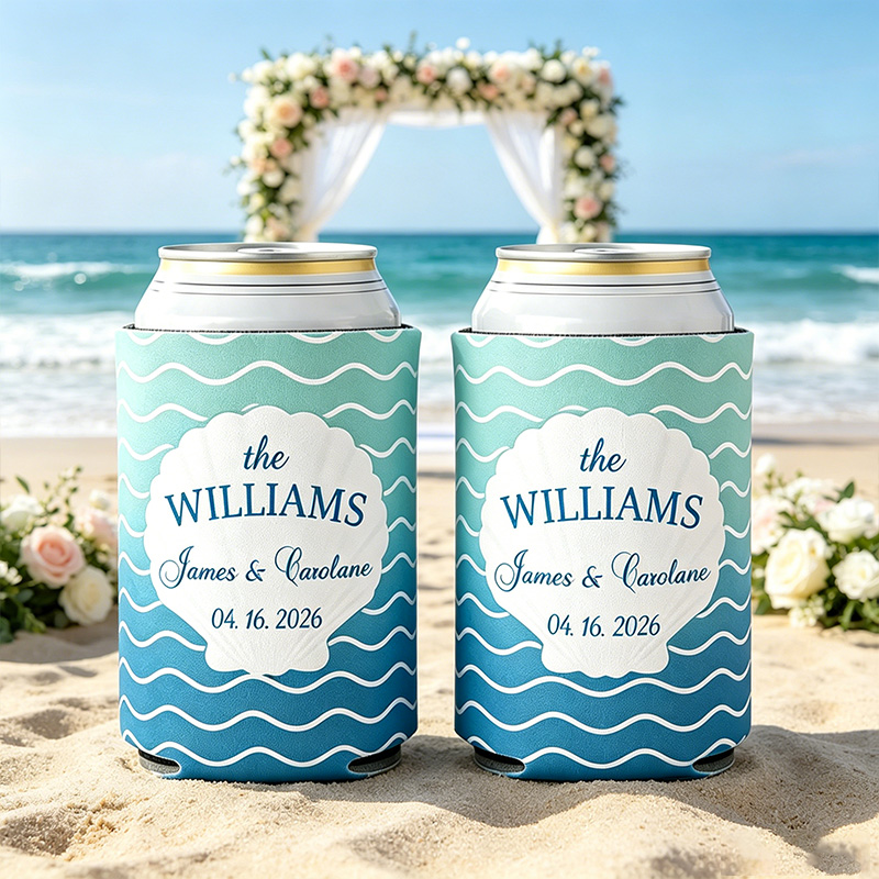 Personalized Ocean Theme Striped Beer Can Cooler Sleeve with Name Title and Date Wedding Party Gift for Newlyweds