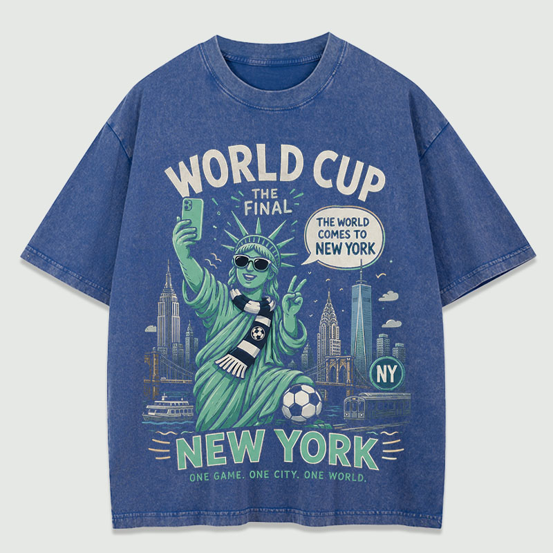 Vintage Washed Tee World Cup Final New York T‑Shirt Statue of Liberty Football Skyline Graphic Tee