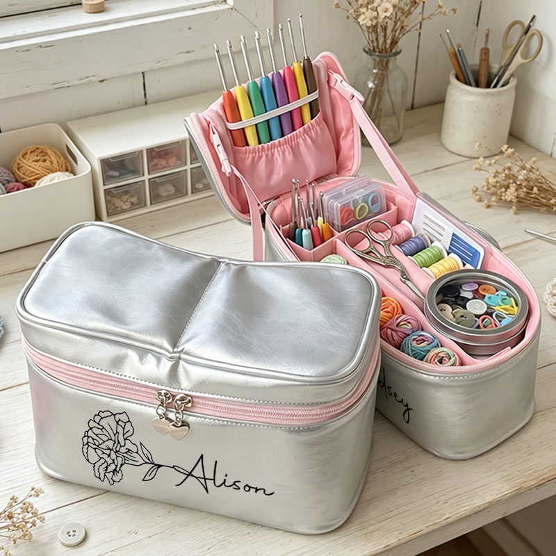 Personalized Crochet Tool Bag Custom Name with Birthday Flowers Leather Crochet Tool Bag Crochet Tool Case Crochet Tool Box  Crochet Gift