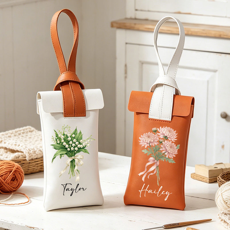Personalized Crochet Tool Organizer Leather Custom Name with Birth Flower Bouquet Storage Case Multifunctional Crochet Kit with Lanyard