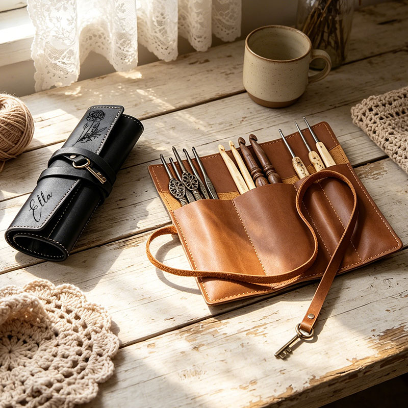Personalized Handmade Leather Roll Up Crochet Tool Storage Bag-Vintage Crochet&Tool Organizer for Birthday Gift for Crochet Lovers
