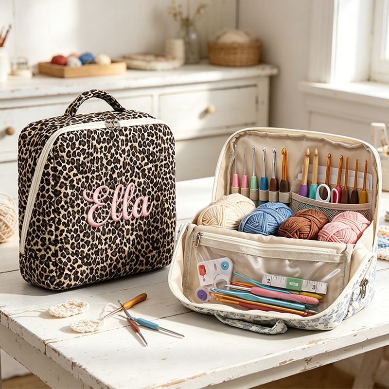 Personalized Embroidered Crochet Tool Storage Bag Custom Large Floral Crochet Tool Storage Bag Multi-Compartment Portable Travel Storage Bag for Women