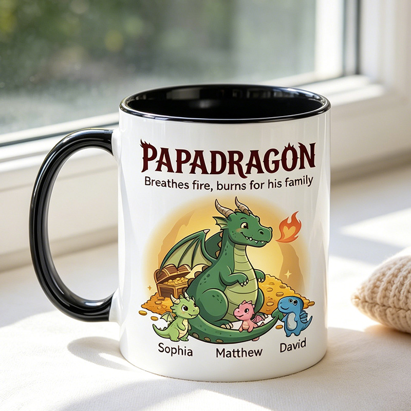Personalized Papadragon Dragonlings under His Protection 11 oz Ceramic Mug with 1-6 Names Father's Day Gifts for Grandpa Papa Birthday Gift for Him