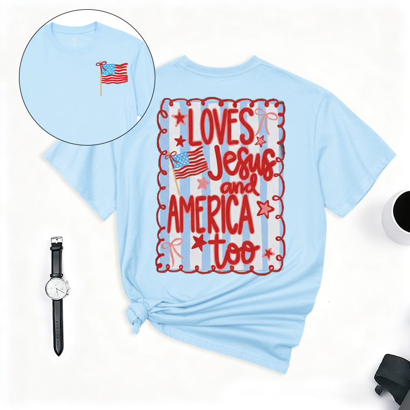 250th USA Anniversary T-Shirt Loves Jesus and America Too 4th of July Patriotic Coquette Bow Tee American Flag  